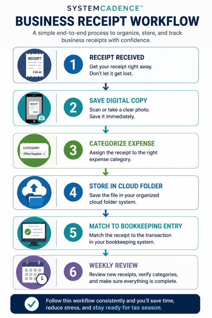 Business receipt workflow diagram showing the process from receipt capture to digital storage, expense categorization, bookkeeping matching, and weekly review.