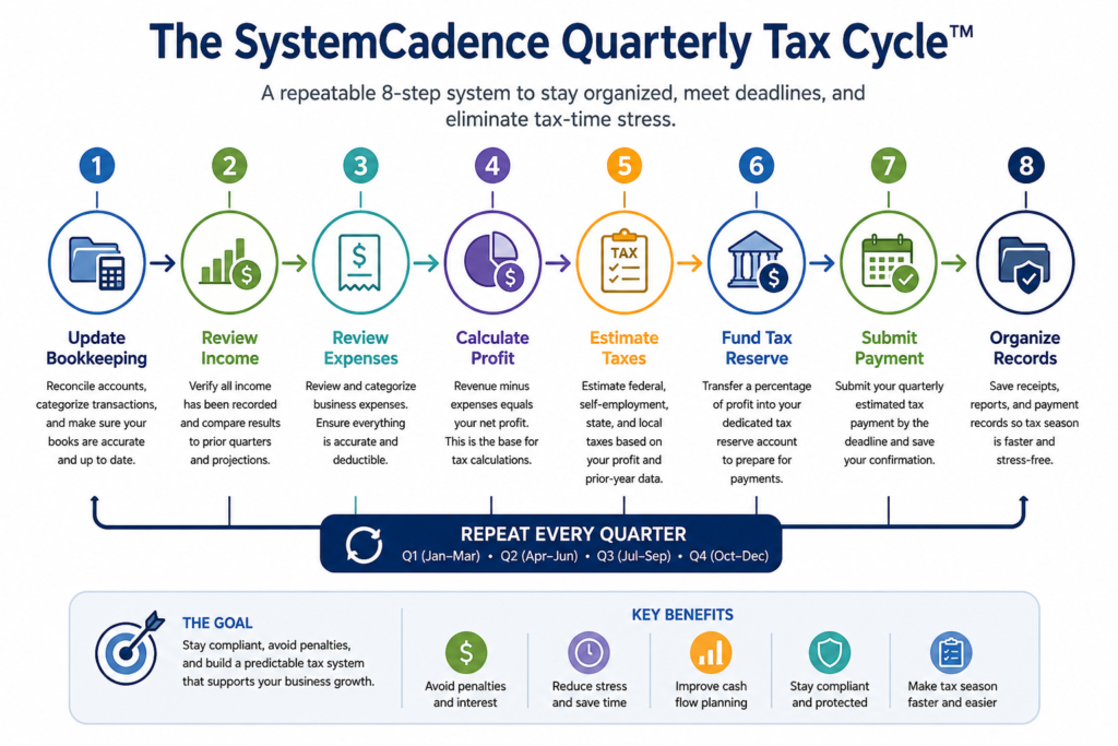 SystemCadence Quarterly Tax Cycle showing the eight-step quarterly tax workflow from bookkeeping updates through income review, expense review, profit calculation, tax estimation, tax reserve funding, payment submission, and record organization.