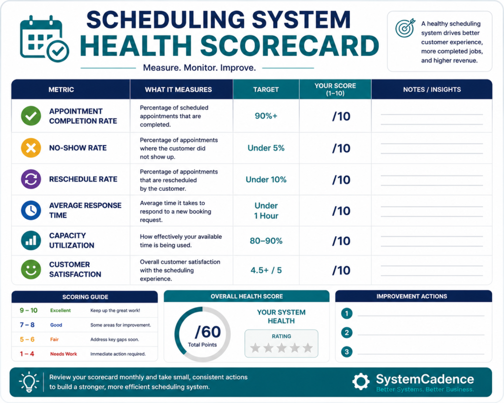 Scheduling System Health Scorecard tracking appointment completion rate, no-show rate, reschedule rate, response time, capacity utilization, and customer satisfaction.