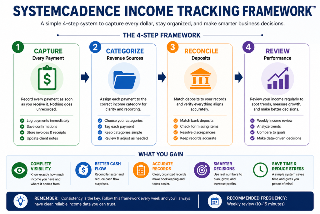 SystemCadence Income Tracking Framework showing the four-step income management process: Capture, Categorize, Reconcile, and Review.