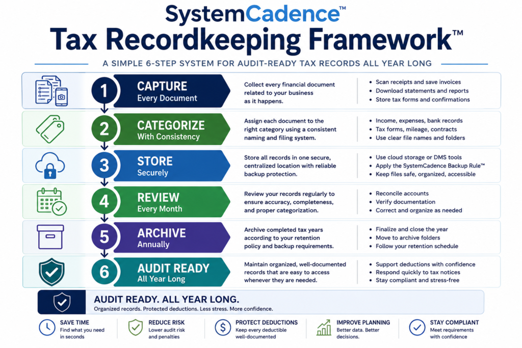 SystemCadence Tax Recordkeeping Framework showing the six-step workflow from capturing tax documents through achieving year-round audit readiness.